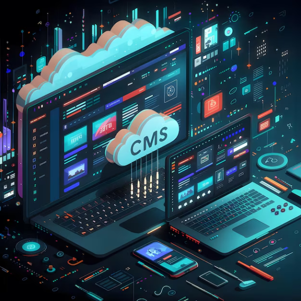 Digital illustration of CMS frameworks for smarter web development showing laptops, cloud technology, and responsive design.