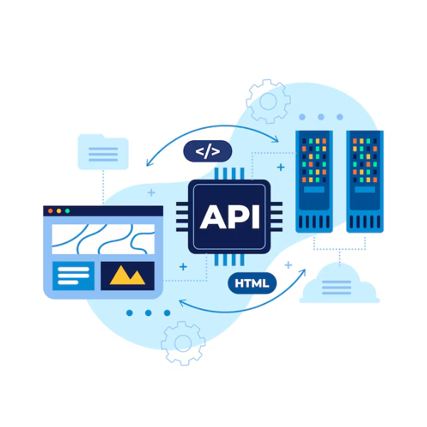 API connecting a web application and servers with data exchange and cloud integration